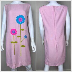 Vintage 1960s Pink Shift Dress, Neon Floral Embroidery, Mister Robert Size S/M